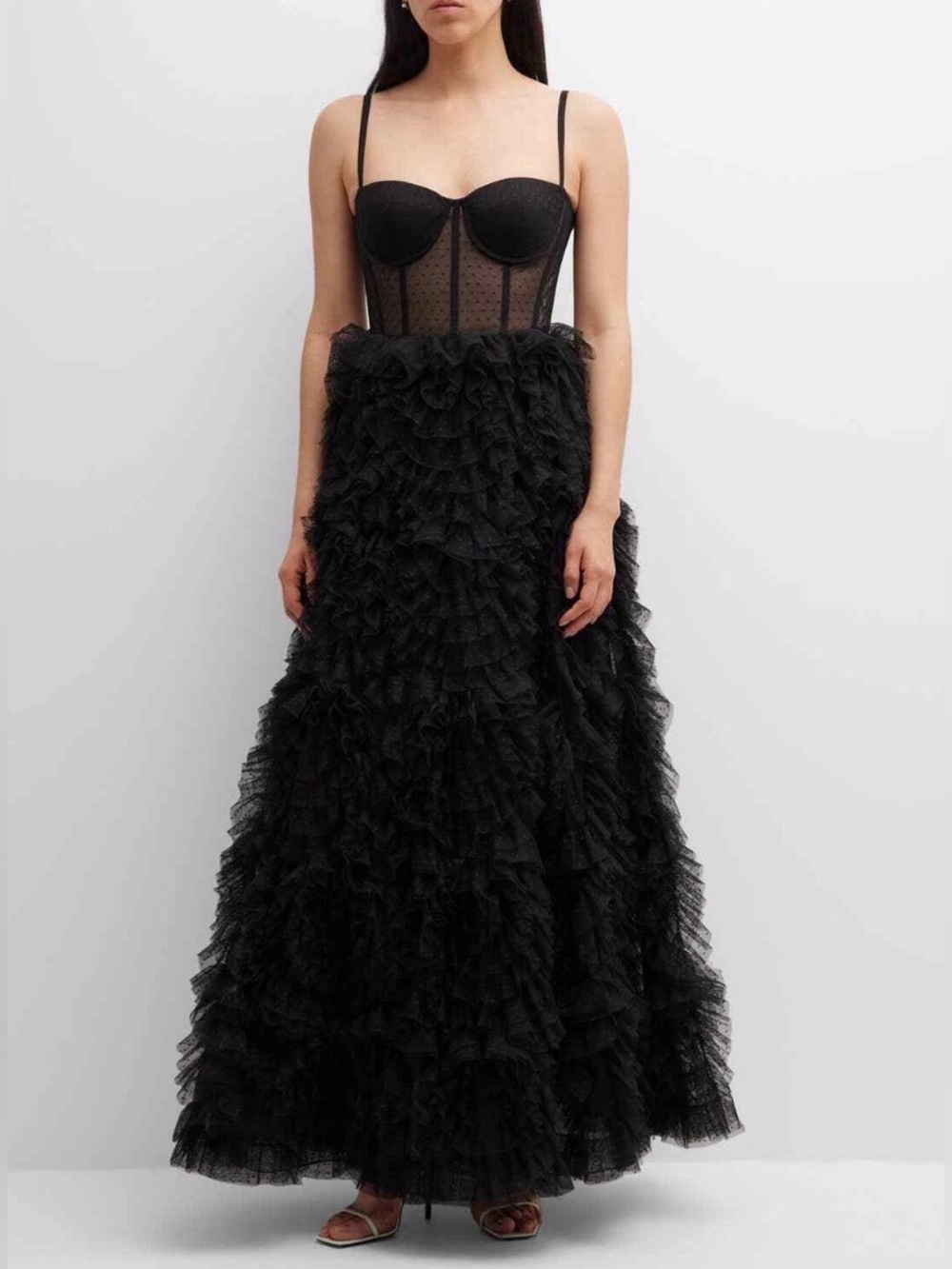 Marchesa Notte Black Strapless Ruffled Tulle Maxi Dress *New with Tag 🏷️